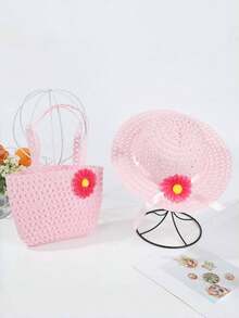 2件套女童多巴胺透气沙滩帽和包包套装，可爱向日葵图案夏季户外遮阳帽 - 2PC - 查看 17