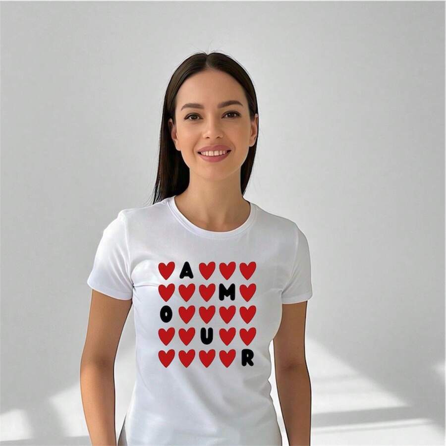 Dama joven playera cuello redondo manga corta gym mujer juvenil moda chopis suave primavera verano jardín casual viaje diseño de amour - Blanco - Ver 1