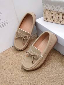 1 Pair Classic Cute Flat Shoes, Neutral Child Stitched Loafers, Soft Sole Anti-Slip Retro Boat Shoes, Fashion Casual Campus Student Daily Commute Comfortable Versatile Square Toe Shoes - Khaki - View 4