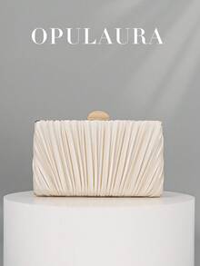 OpulAura 1 件复古优雅缎面宴会手拿包，褶皱设计时尚晚会钱包，迷人精致的正式场合手提包，高端盒形小包，适合派对/婚礼/正式晚宴，配有链条肩带，可单肩/斜挎 - 杏色 - 查看 7