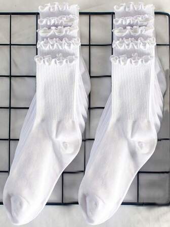 10 Pairs Women Black & White Mixed Color Ruffle Edge Casual Mid Calf Socks, Odor Resistant, Moisture Wicking, Versatile For Students/Adults, Great Gift & Daily Wear, Fall Socks