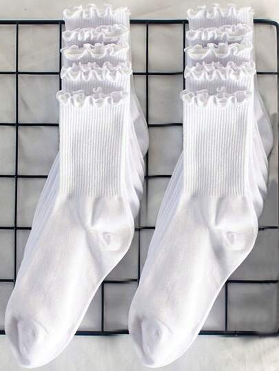 10 pares de calcetines casuales de media pantorrilla con borde de volantes en color negro y blanco mezclados para mujeres, resistentes al olor, que absorben la humedad, versátiles para estudiantes/adultos, gran regalo y uso diario, calcetines de otoño