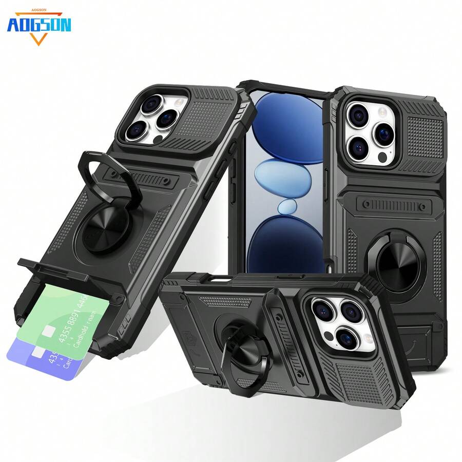 全新军用级 360° 可旋转手机支架卡槽手机壳，防摔兼容 Apple 11/12/13/14/15/16 Pro Max、Galaxy S22/23/24/25+、U A04/A05/A14/A15/A24/A25/A34/A54 A56/A36/A26 - 黑色 - 查看 1