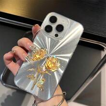Golden Rose Stem Two Blooms Luxury Elegance-Angle-Changeable Firework Phone Case|Multi-Dimensional Sparkle Effect |Anti-Slip, Shockproof For IPhone [X/11/12/13/14/15/16 Pro Max], Girls Aesthetic Accessories - White - View 2