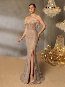 Faeriesty Faeriesty Strapless Beaded Mermaid Evening Gown With Feather-Accented Shoulders & Back Tie-Up Detail - High-Slit Sheer Tulle Dress For Grand Galas, Luxury Weddings, Red Carpet Events, Black-Tie Receptions