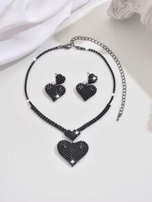 1 套心形项链和耳环首饰套装，全铺镶水钻，适合女士日常佩戴，结婚首饰，情人节、妈妈、母亲、母亲节礼物