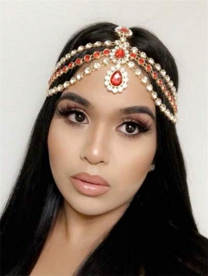 Fascia per capelli stile boho con gocce d'acqua in cristallo rosso brillante e catena