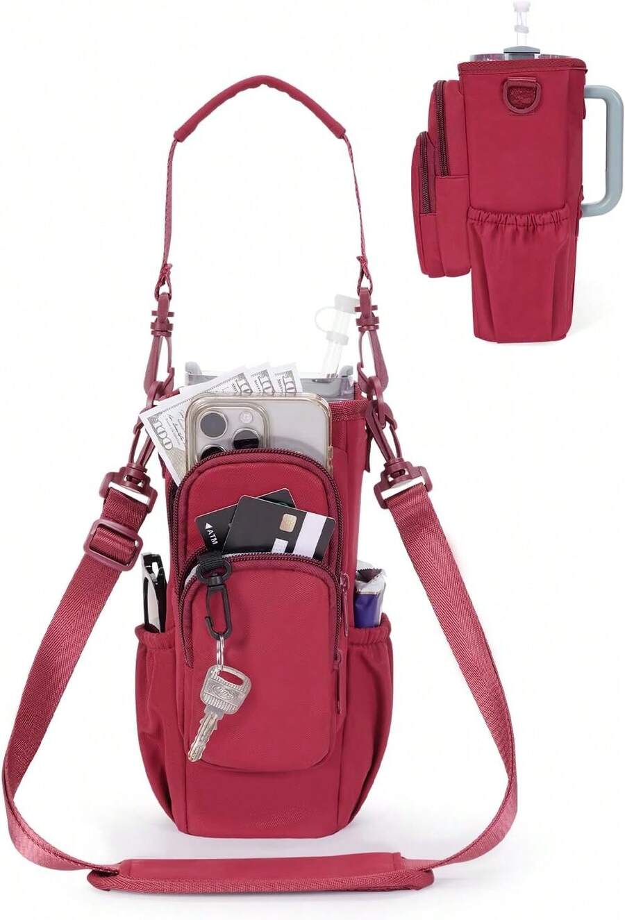 Water Bottle Carrier Bag With Phone Pocket For Era 40oz Accessories Insulated Water Bottle Holder Pouch With Strap Cup Sling Bag With Straw Cover For Crossbody - 紅色 - 查看 1