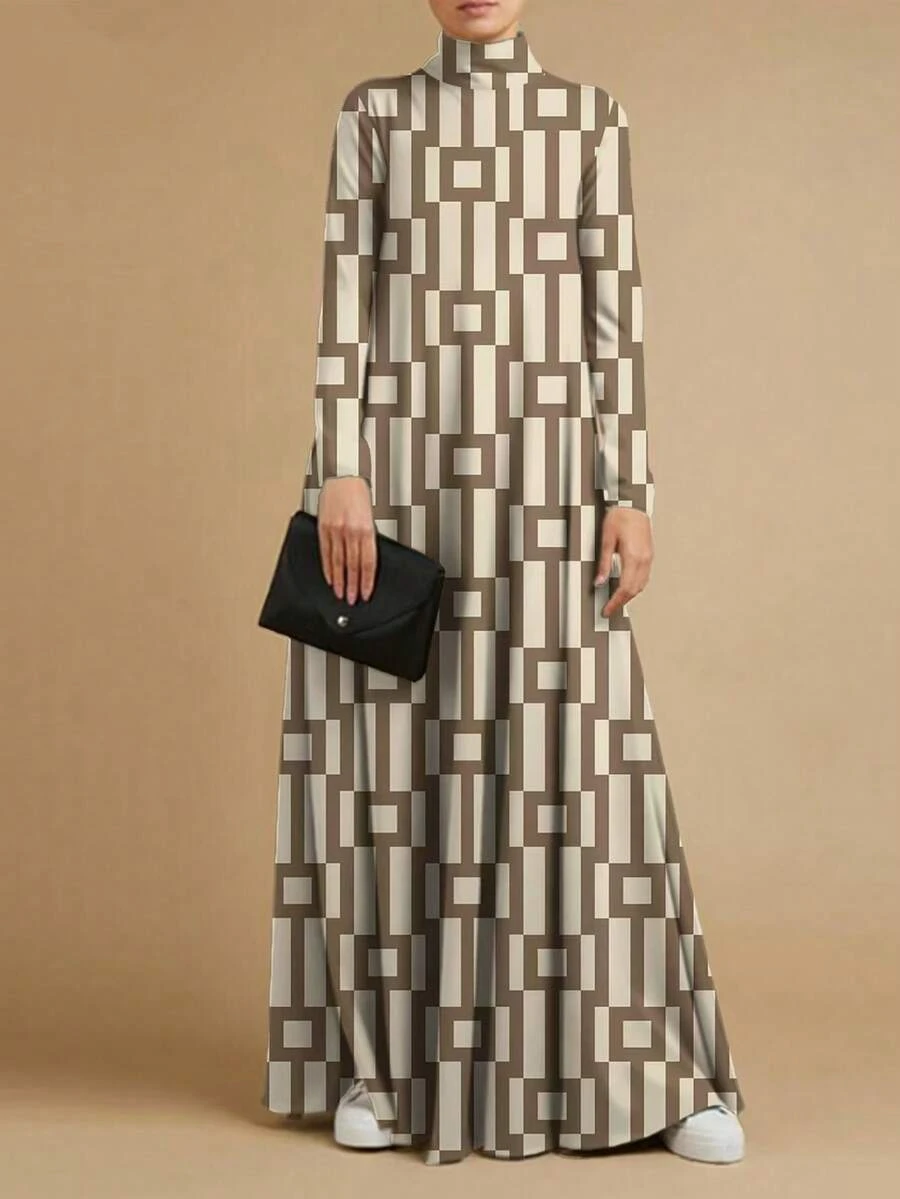 Women's Autumn/Winter Patterned Dress, Loose Fashion Stand Collar Long Sleeve Dress, Elegant Printed Casual Autumn/Winter Dress