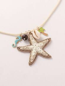 1pc Cute Ocean Style Raffia Grass Starfish Seahorse Shell Palm Tree Beaded Long Necklace, Suitable For Women Daily Casual Beach Vacation Wear, Decor For Dresses - Multicolor - View 5