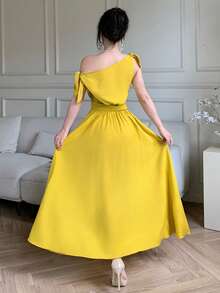 abyoxi 黄色性感不对称领口斜肩系带收腰简约A字连衣裙休闲通勤度假沙滩装，返校装，春夏新款女装 - 芥末黃 - 查看 3
