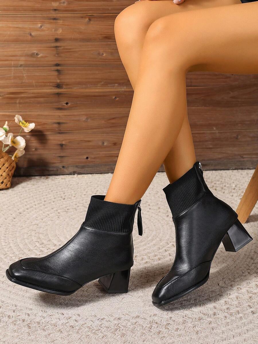 Women's Square Toe High Heel Shoes, Thick Heel Faux Leather Boots With Back Zipper, Suitable For Autumn/Winter - Black - View 1