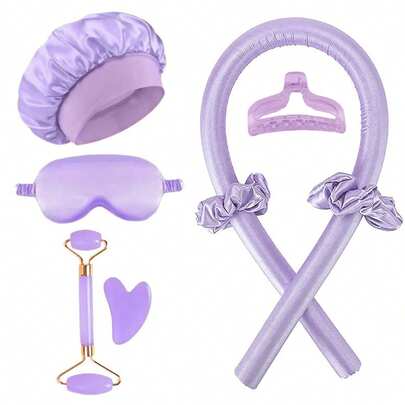 4/6/8 piezas Juego de herramientas para el peinado para dormir, rodillos para el cabello y masajeador facial, juego de rizado sin calor de satén, rizadores de cabello para pasar la noche, 1 pieza de máscara para los ojos suave para dormir, rodillo facial para el cuidado de la piel para mujeres, rizadores de cabello, rizos sin calor, rizador de cabello, productos y accesorios para el cabello para peluquería, salón de belleza, vuelta al colegio, artículos esenciales para viajes y vacaciones