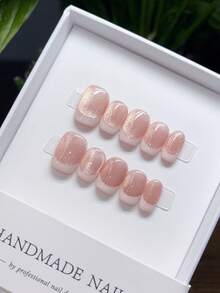 10 Pieces Of Pure Handmade Wearable Nails With Short Square Nail Shape, Hand-Painted Pink Cat Eye French Nails, High-Quality Simple Design Nails,2K Nails, Unique And Niche Creative Fake Nails, Cute Modern Style Nails, Daily Use, Summer And Spring Nails, Detachable Wear And Reusable, Press Nails Hand-Made,-Pressed Nails. Press On Nails Nail Supplies Nails - Multicolor - View 2