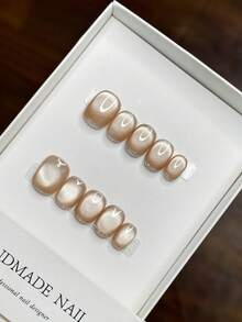 10 片纯手工制作的可穿戴短方圆指甲形状的指甲，手绘猫眼指甲，高品质简约设计指甲，YK 指甲，独特小众创意假指甲，可爱的现代风格指甲，日常使用，夏季和春季指甲，可拆卸佩戴和可重复使用，手工制作的按压指甲，手工压指甲。 - 彩色 - 查看 3