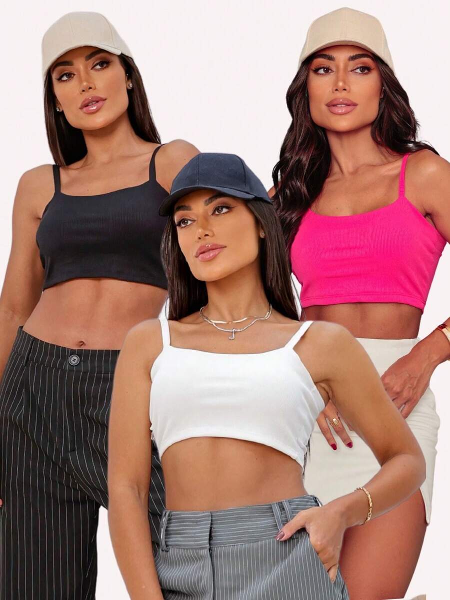 Kit Of 3 Cropped Top Blouses With Ribbed Straps - BLACK/OFF/PINK - View 1