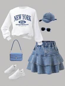 女童字母印花圆领长袖上衣和牛仔裙套装 - 白色 - 查看 1