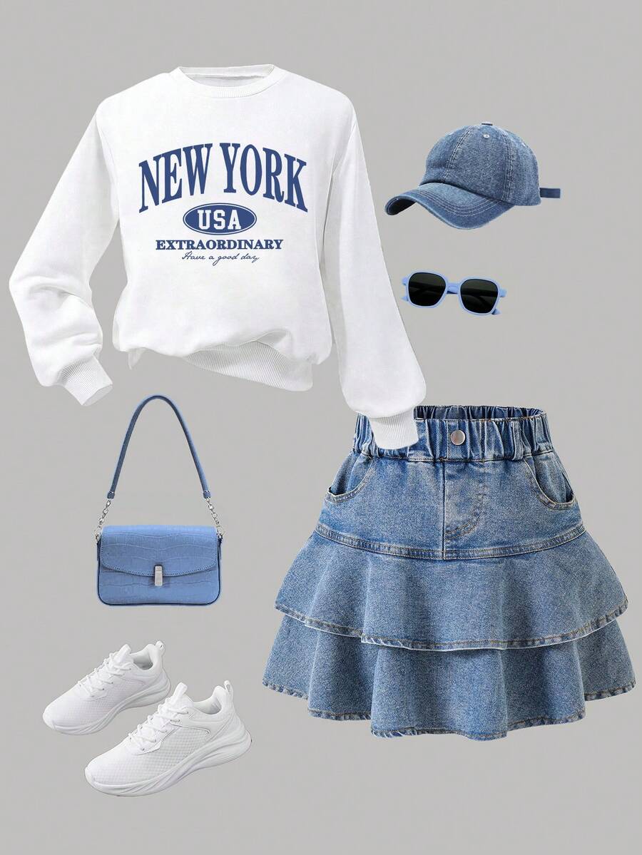 女童字母印花圆领长袖上衣和牛仔裙套装 - 白色 - 查看 1