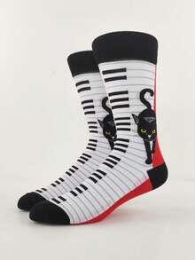 1 Pair Women's Color Blocking Black Cat Piano Key Pattern Mid-Calf Socks, Unique Fashion Suitable For Daily Wear - Multicolor - View 5