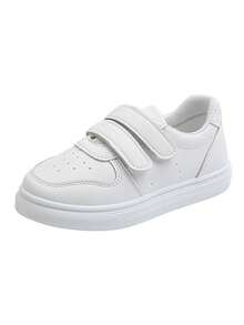 Zapatillas deportivas para niños con diseño de cierre adhesivo: diseño de media caña, fabricadas con materiales duraderos de PU y PVC, y forro interior de tela suave. Zapatillas de lona transpirables para niñas, aptas para niños y niñas, en colores lisos clásicos, ideales para tenis femenino, tenis infantil, colegio, deporte y uso diario. - Blanco - Ver 9