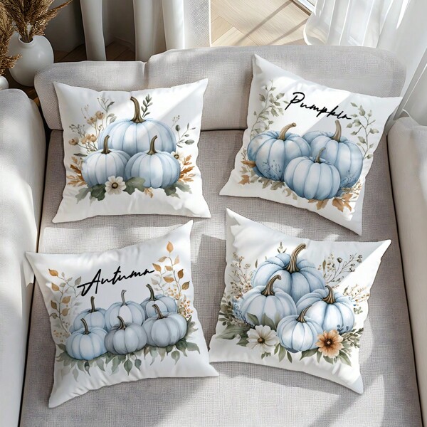 4pcs Single-Sided Printed Throw Pillow Cover, Watercolor Blue Pumpkin Pile Design, 17.7*17.7in, Home Decorative Cushion Cover For Room, Living Room, Sofa, Bedroom, Pillow Insert Not Included