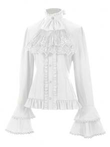 Elegant Vintage Victorian Lace Patchwork Flare Sleeve Costume Top - White - View 2