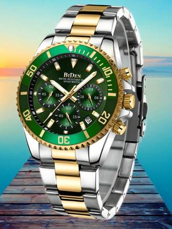 BIDEN Bästsäljande Classic Diver Quartz Multifunktionsklocka för män, Casual Business Watch för män, Lysande vattentät datum, band i rostfritt stål + gratis remskärare