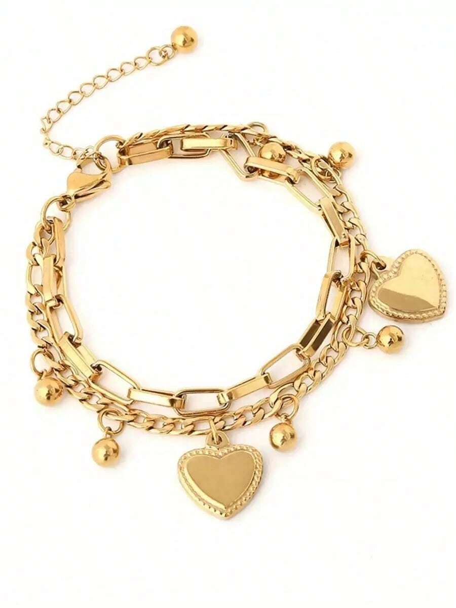 1pc Gold Double Heart Chained Bracelet - 金色 - 查看 1