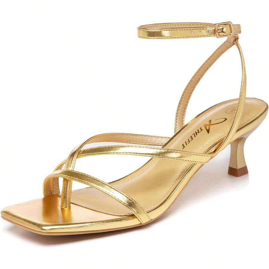 Athlefit Tacones De Mujer Strappy Kitten Heels Square Toe Ankle Strap Sandals Dressy Party Shoes - 金色 - 查看 1
