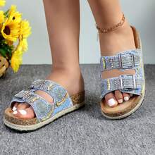 Womens Slides With Cork Footbed Open Toe Adjustable Webbing Flat Sandals For Walking | Beach | Indoor POWDER-03 - Màu xanh lam - Xem 3