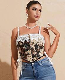Womens Vintage 1920s Renaissance Lace Trim Corset Bustier, Retro Fashion - 黑色蕾絲 - 查看 6