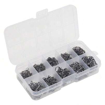 600 件鱼钩套装，高碳钢倒刺鱼钩，适用于咸水和淡水钓鱼装备