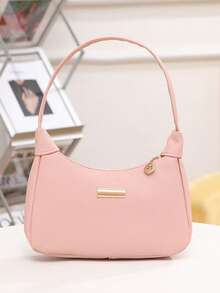 Lychee Grain PU Women's Bag, Fashion Shoulder Bag For Women, Solid Color Synthetic Leather Handbag With Zipper Closure And Wristlet, Polyester Lined, Versatile Underarm Dumpling Purse - Available In White, Black, Pink,Khaki,Brown