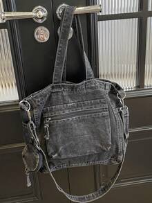 תיק אופנה חדש וקז'ואל מבד ג'ינס רך מכוסה עם כיסים מרובים (עם ארנק למטבעות), תיק נסיעות גדול בצבע אחיד, תיק מזוודות, תיק כתף רב-תכליתי לנסיעות, תיק ספורט לחדר כושר, תיק שליח רטרו לסטודנטים, מתאים לעבודה, קניות, נסיעות, ספורט ושימוש בית ספר - שחור - ראה 6