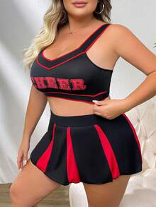 大码啦啦队制服性感印花胸罩和迷你裙套装，适合狂欢 - 黑色 - 查看 4