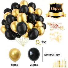 36 balões elegantes pretos e dourados, incluindo balões metálicos dourados e pretos de 10 polegadas, ideais para festas de aniversário, aposentadoria, formatura e véspera de Ano Novo. - Multicolorido - Ver 8