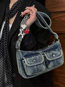 时尚复古女士单肩包，百搭优质腋下包，小众风格牛仔手提包带吊坠