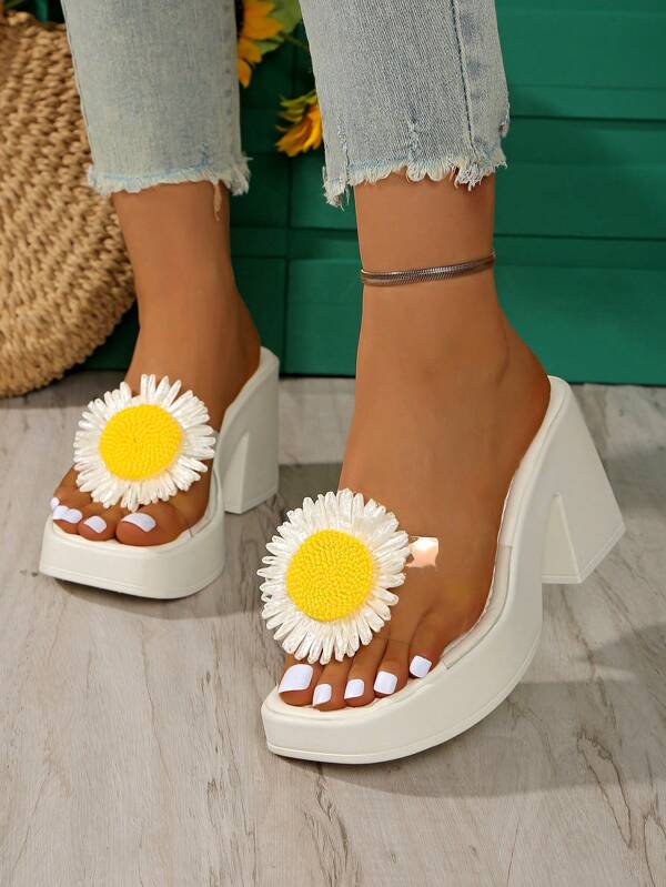 Sandales à talons épais avec motif tournesol kaki pour femmes, nouvelles pour l'été. Sandales à plateformes compensées ouvertes au bout, avec enfiler. Sandales multifonctionnelles pour l'extérieur