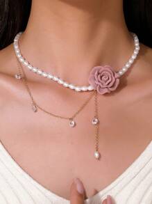 1pc Elegant Faux Pearl, Cubic Zirconia Flower & Bow Design Necklace, Suitable For Women's Daily Wear, Weddings, Engagements, Parties, Gift