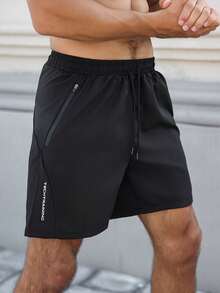Shorts Atléticos Masculinos de Secagem Rápida com Bolsos com Zíper, Calções De Praia De Secagem Rápida,Atividades Ao Ar Livre No Verão, Treino Na Academia, e Relaxamento Em Casa - Preto - Visão 7