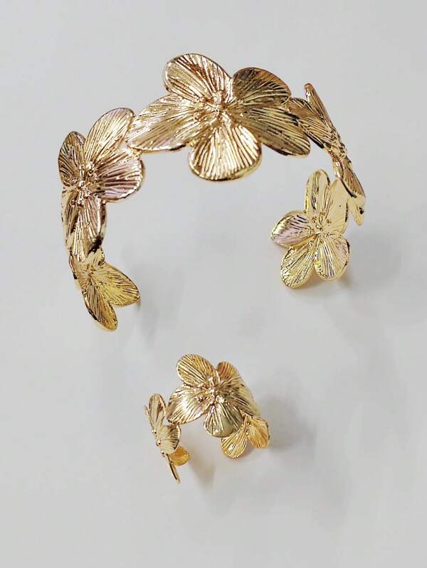 One Set Gold Flower Open Bangle Ring Jewelry Design Jewelry For Women