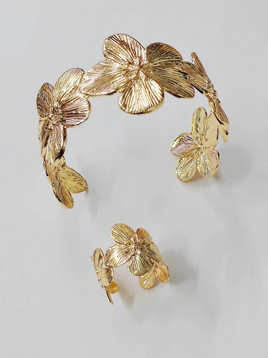 一套金色花朵开口手镯戒指珠宝设计女士珠宝 - 金色 - 查看 1