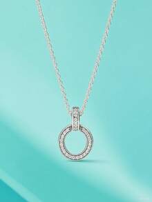 Double Circle By Circle 100% 925 Silver Necklace Pendant Necklace Snake Chain Suitable For Brand Original Pendant Necklace Girlfriend Jewelry Gift Wedding Necklace Fashion Refined Crystal Pendant Necklace Exquisite Gift Suitable For Gift Giving - Silver - View 2