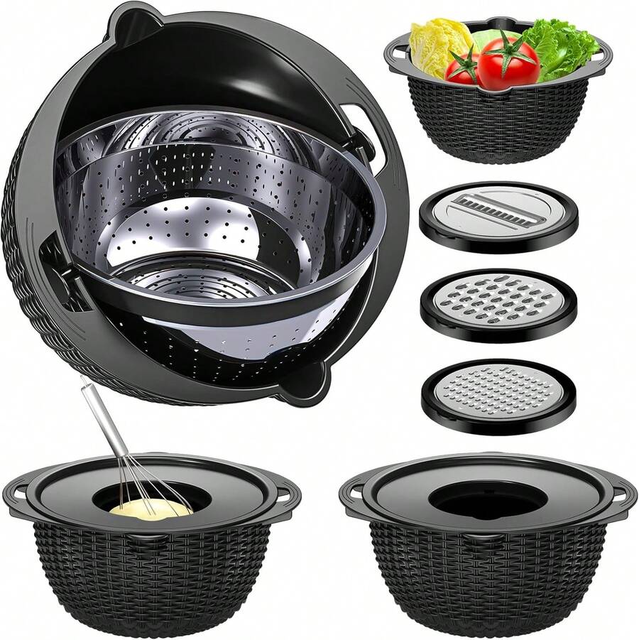 4-1 Colander With Bowl Set - Pasta Strainer - Colander For Kitchen - Strainers And Colanders Rice Strainer Fruit Cleaner Veggie Wash Sink Strainer Kitchen Essentials - Black - Black and White - View 1