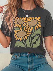Ladies Short Sleeve Sunflower Printed Round Neck T-Shirt