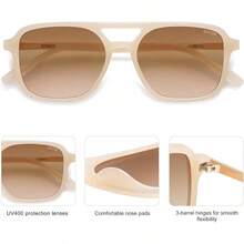 Gafas de Sol de Aviador Retro Para mujeres y hombres, gafas de sol de moda para mujeres rectangulares para hombres SJ2202 - Montura color crema lechoso/Lentes degradadas marrones - Ver 6