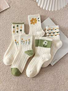 5 双奶油色花朵图案中筒袜，可爱甜美女孩袜子，适合春夏季 - 36-39 - 查看 3