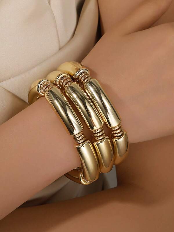 3pcs/Set Fashion Simple CCB Geometric Curved Tube Beaded Bracelet Set, Suitable For Men & Women, Daily, Beach, Concert, Party, Holiday Gift