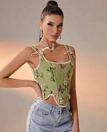 Womens Vintage 1920s Renaissance Lace Trim Corset Bustier, Retro Fashion - Hijau - View 4
