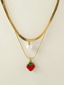 1 件不锈钢双层蛇骨项链，带树脂仿珍珠和水果吊饰（草莓、西瓜、樱桃），非常适合夏季郊游、海滩、情人节礼物和日常佩戴，适合所有场合